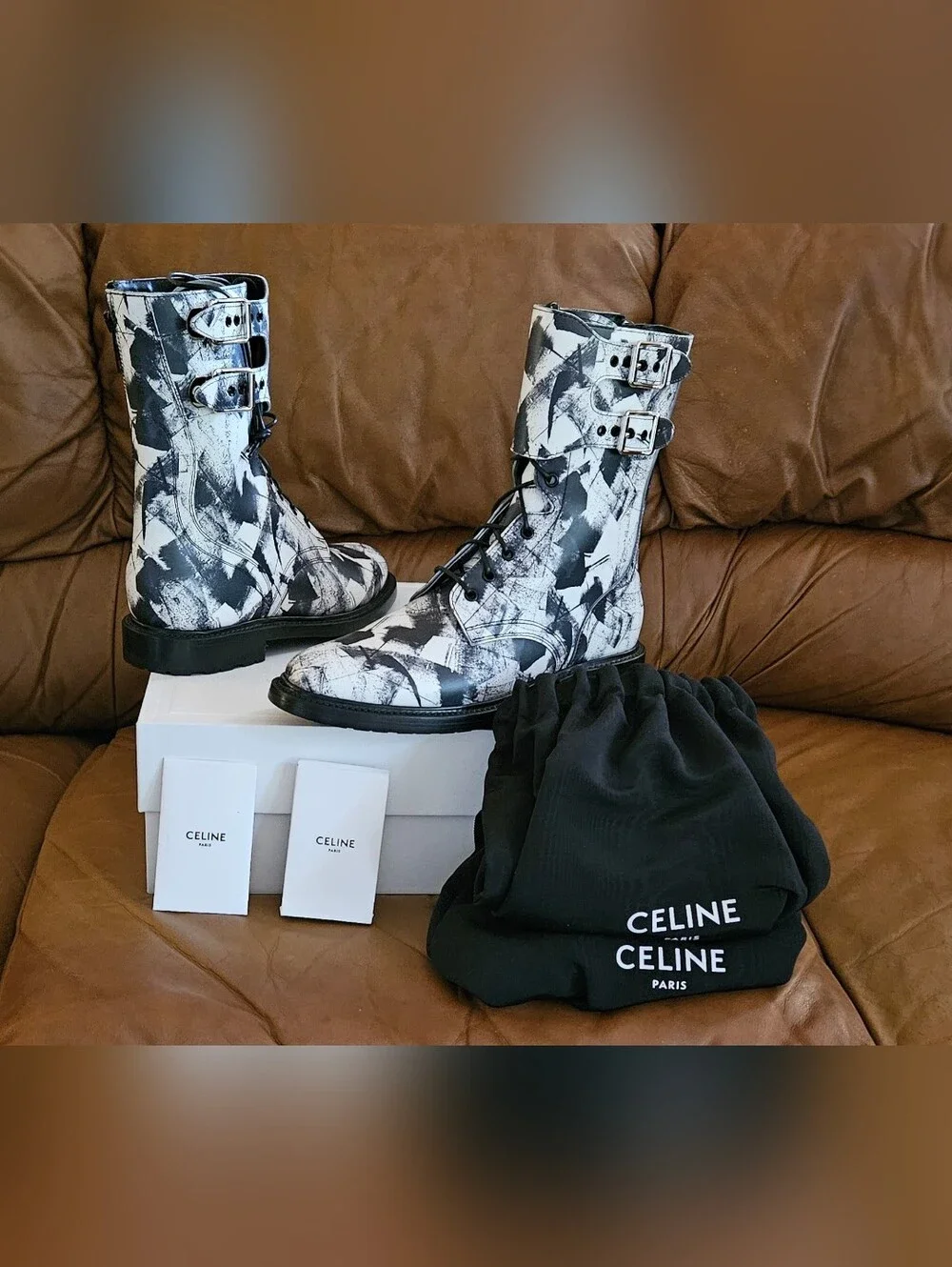 New Men's Celine Leather Abstract Lace-Up Buckle Zipper Combat Boots Size 8 US